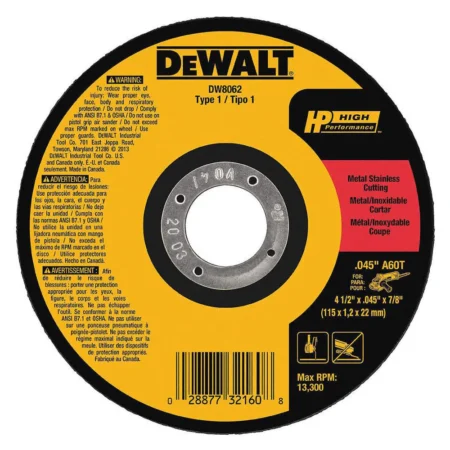 Dewalt 4-1/2", Type 1 Aluminum Oxide Abrasive Cut-Off Wheel, 7/8" Arbor Hole Size, 0.045" Thickness