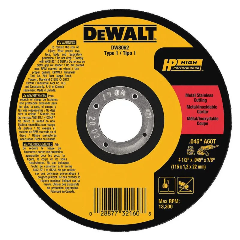 Dewalt 4-1/2", Type 1 Aluminum Oxide Abrasive Cut-Off Wheel, 7/8" Arbor Hole Size, 0.045" Thickness