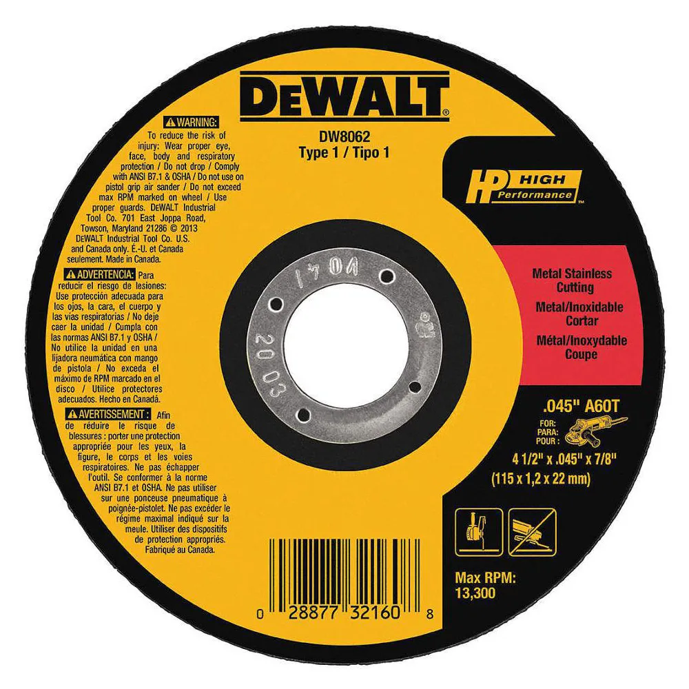 Dewalt 4-1/2", Type 1 Aluminum Oxide Abrasive Cut-Off Wheel, 7/8" Arbor Hole Size, 0.045" Thickness